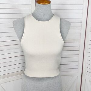Pretty Little Thing Ribbed Knit Racer Back Crop Tank Top Cream Medium